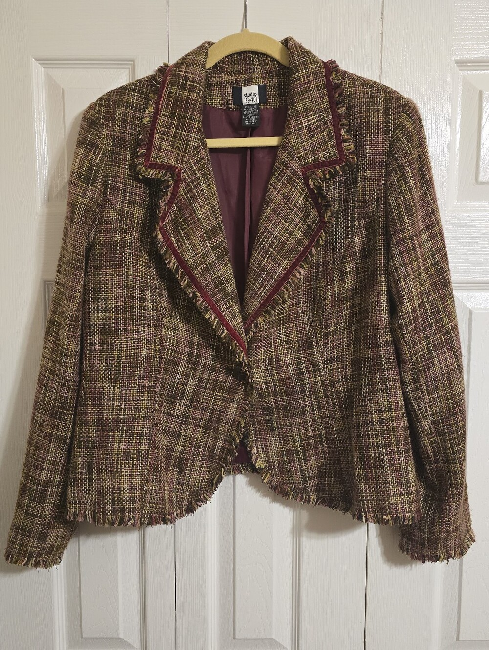 Burgundy Maroon Tweed Fringe Blazer